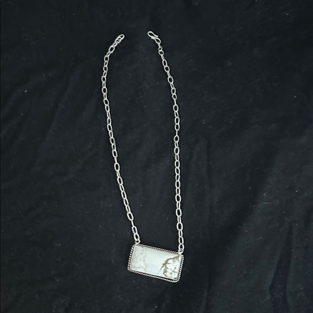 Silver White buffalo / howlite  Rectangle bar  Pendant Necklace